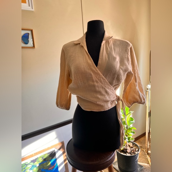 Hyfve cotton cropped tie colored shirt size large cream colored - Picture 6 of 9